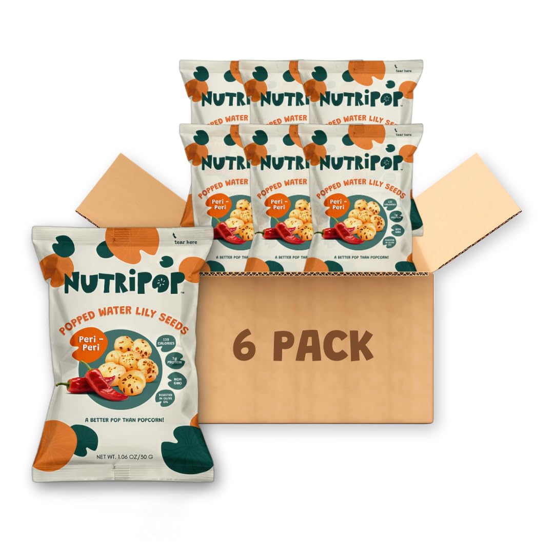 NutriPop Popped Water Lily Seeds Snack, Peri Peri, 6-Pack | Fox Nuts (Makhana) | Light & Crunchy Savory Snack - Gluten-Free, Veg
