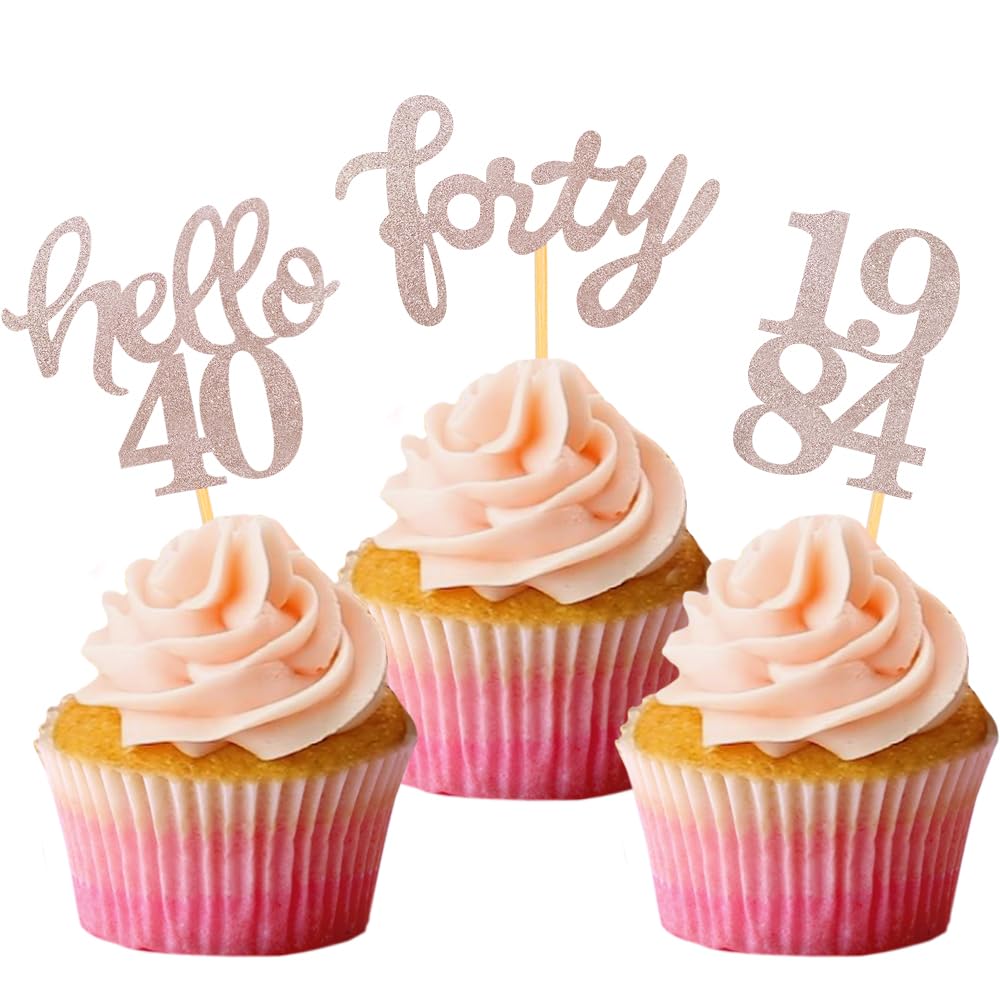 Rose Gold Glitter 40Th Birthday Cupcake Toppers 40Th Birthday Celebrating Party Decorations - Set Of 24
