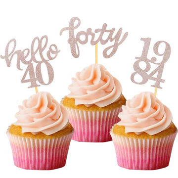 Rose Gold Glitter 40Th Birthday Cupcake Toppers 40Th Birthday Celebrating Party Decorations - Set Of 24