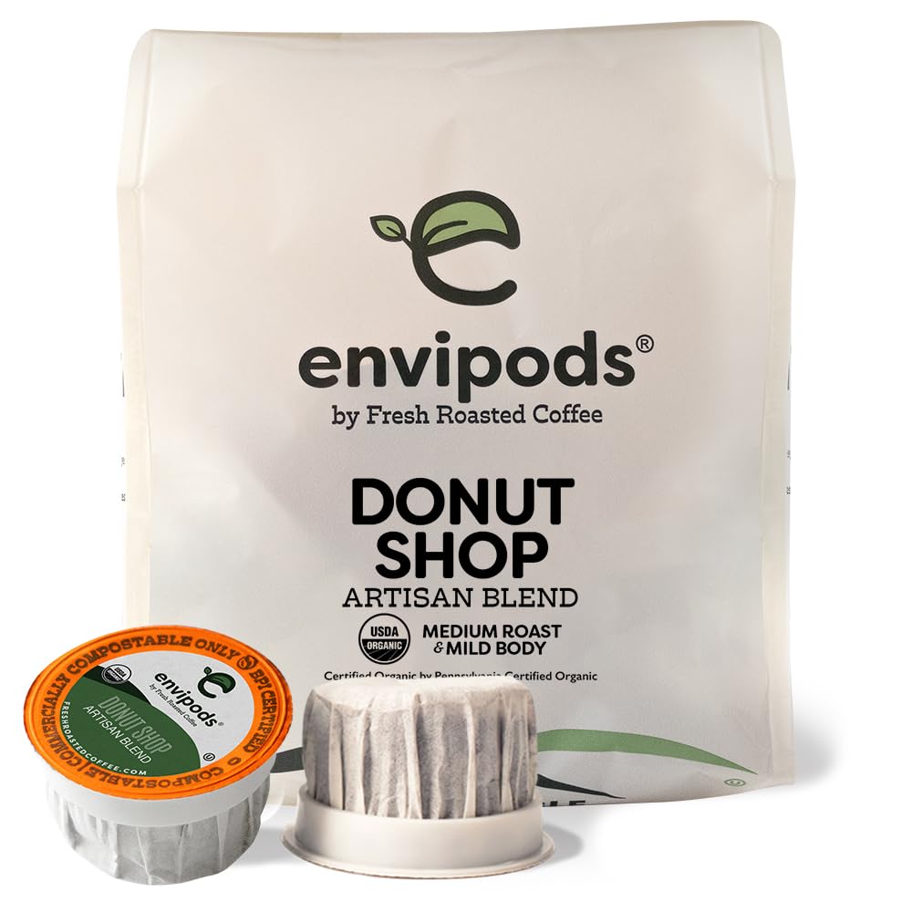 Fresh Roasted Coffee Organic Donut Shop Envipods, Medium Roast, 12 Count for K Cup Brewers, USDA Organic, Kosher