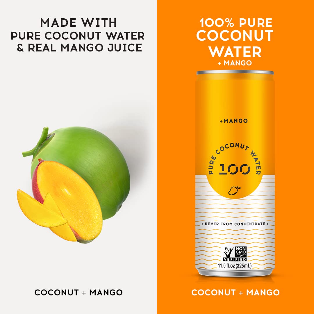 100 Coconuts Mango Pure Coconut-100% Pure Coconut Water - Low Calorie All-Natural Drink with Electrolytes - Naturally Sweet  no preservatives- Non-GMO  11 fl oz  Pack of 12 (Pure Coconut Water)