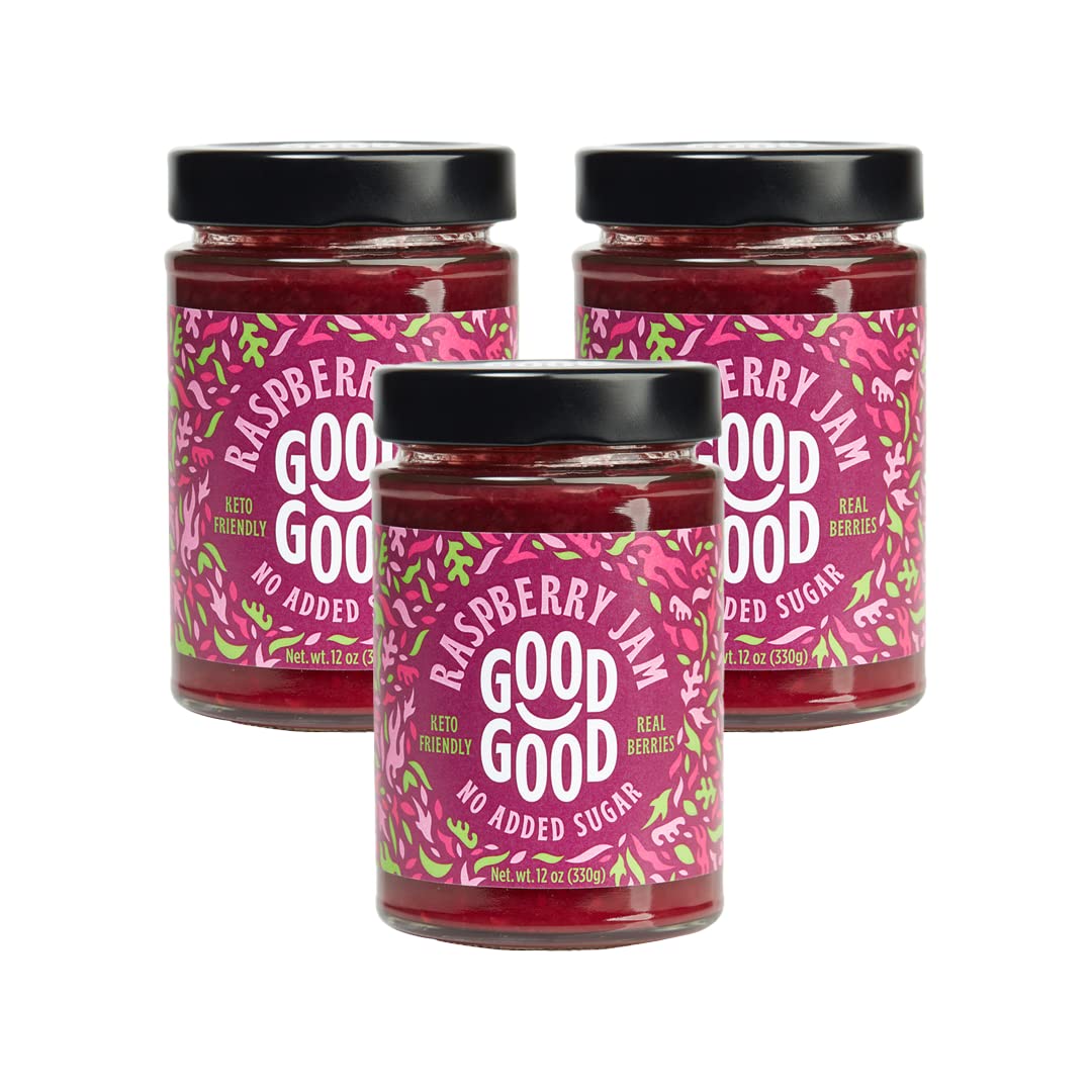 Good Good Sweet Raspberry Jam - Low Calorie, Low Carb & No Added Sugars - Keto Friendly Jelly - Vegan - Gluten Free - Preserves - 12 Ounce (Pack Of 3)