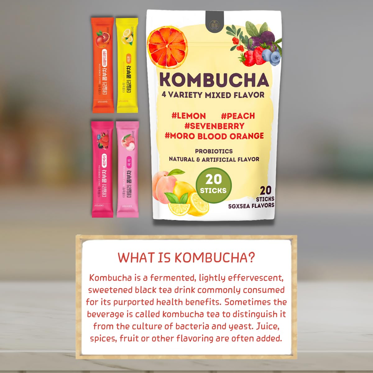 Garden Kombucha Tea, 4 Flavor/20 Sachets (100G/3.52Oz) Probiotics, Prebiotics, Sugar Free, Diet Tea, Healthy Drink Variety Pack