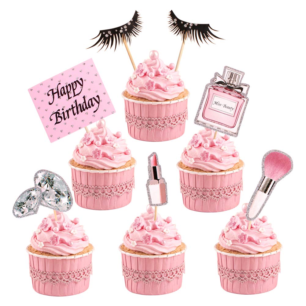 Keaziu 35pc Makeup Cupcake Toppers Happy Birthday Glitter Cake Decoration Supplies - Pink