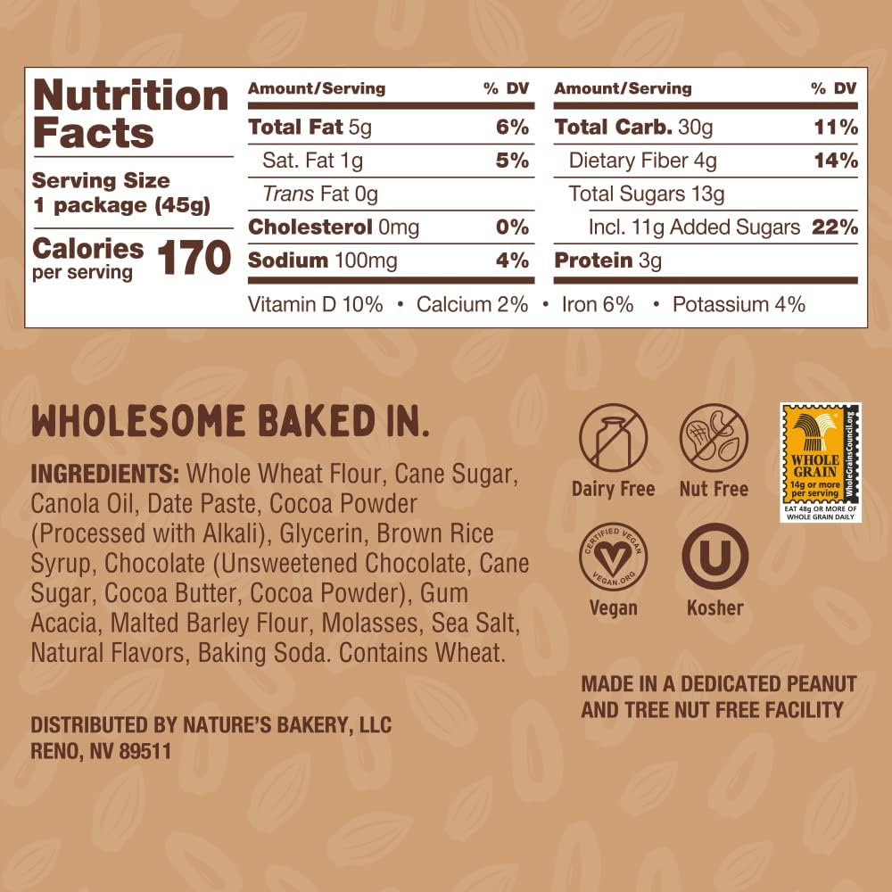 Natures Bakery Double Chocolate Brownie Bars, Whole Grains, Dates, and Cocoa, Plant Based, Dairy-Free, Snack Bar, 1 box with 12