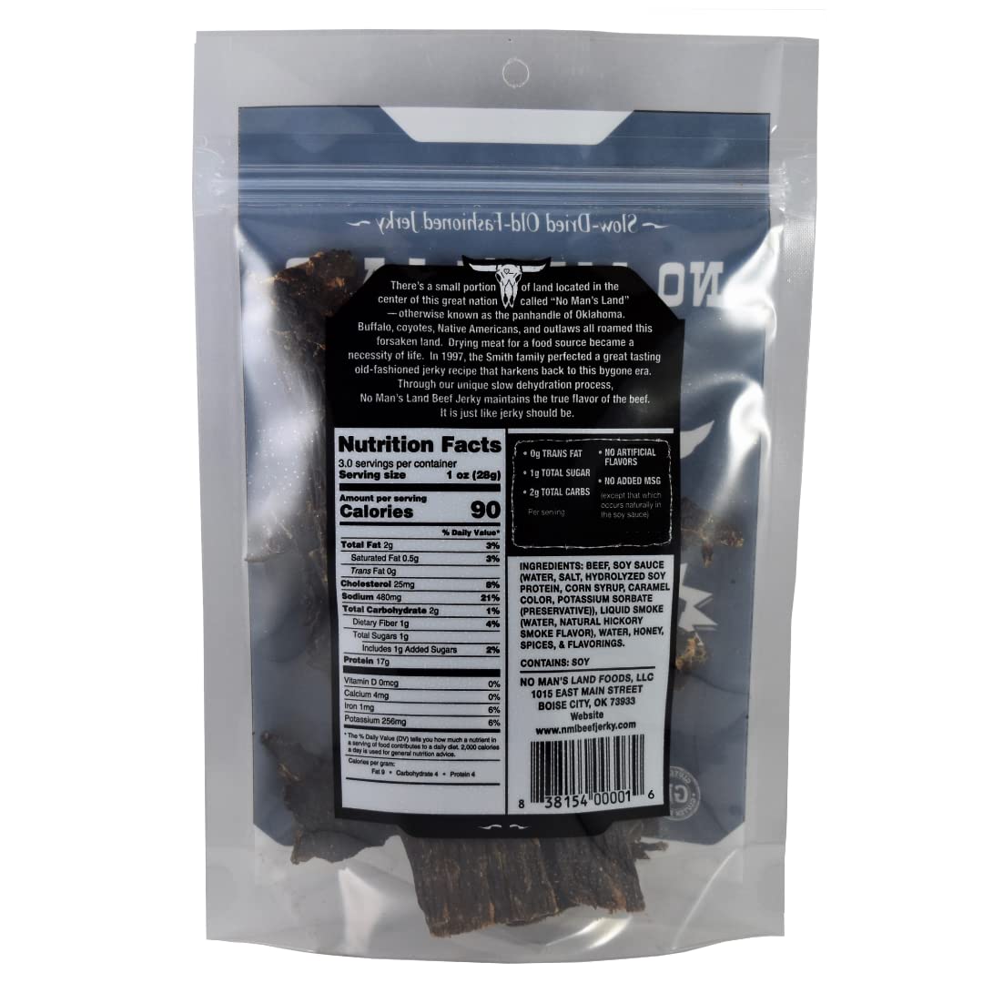 No Mans Land Mild Beef Jerky High Protein Low Calorie Low Carb Beef Snack 3.0Oz Bag