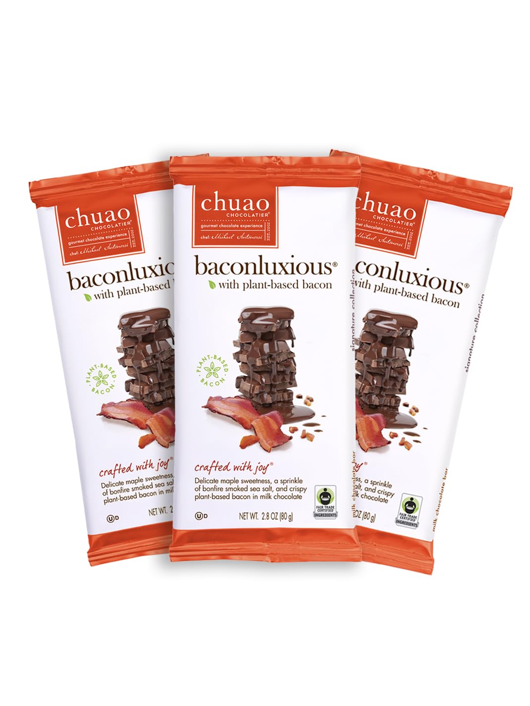 Chuao Chocolatier Baconluxious Chocolate With Plant-Based Bacon Gourmet Milk Bars | Vegetarian |For Gift Baskets, Birthday, Thank You, Care Package| 3 Pack, 2.8 Oz Each