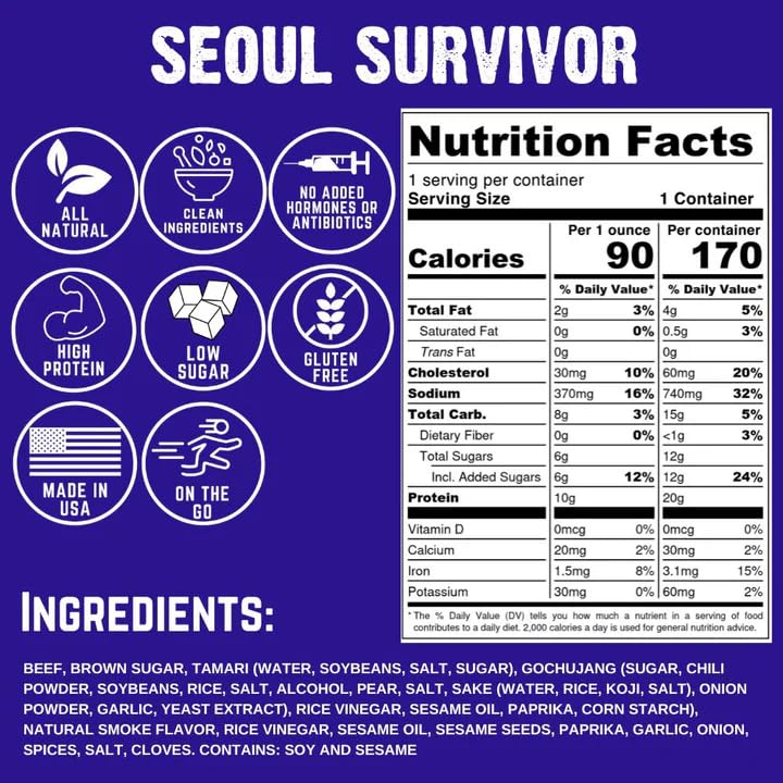 Righteous Felon Beef Jerky - Seoul Survivor Jerky - Gluten-Free Snacks - All-Natural, Locally Sourced & Dried Beef - Low-Sugar,