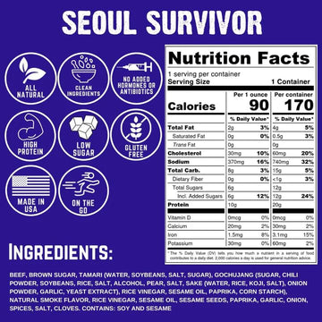 Righteous Felon Beef Jerky - Seoul Survivor Jerky - Gluten-Free Snacks - All-Natural, Locally Sourced & Dried Beef - Low-Sugar,