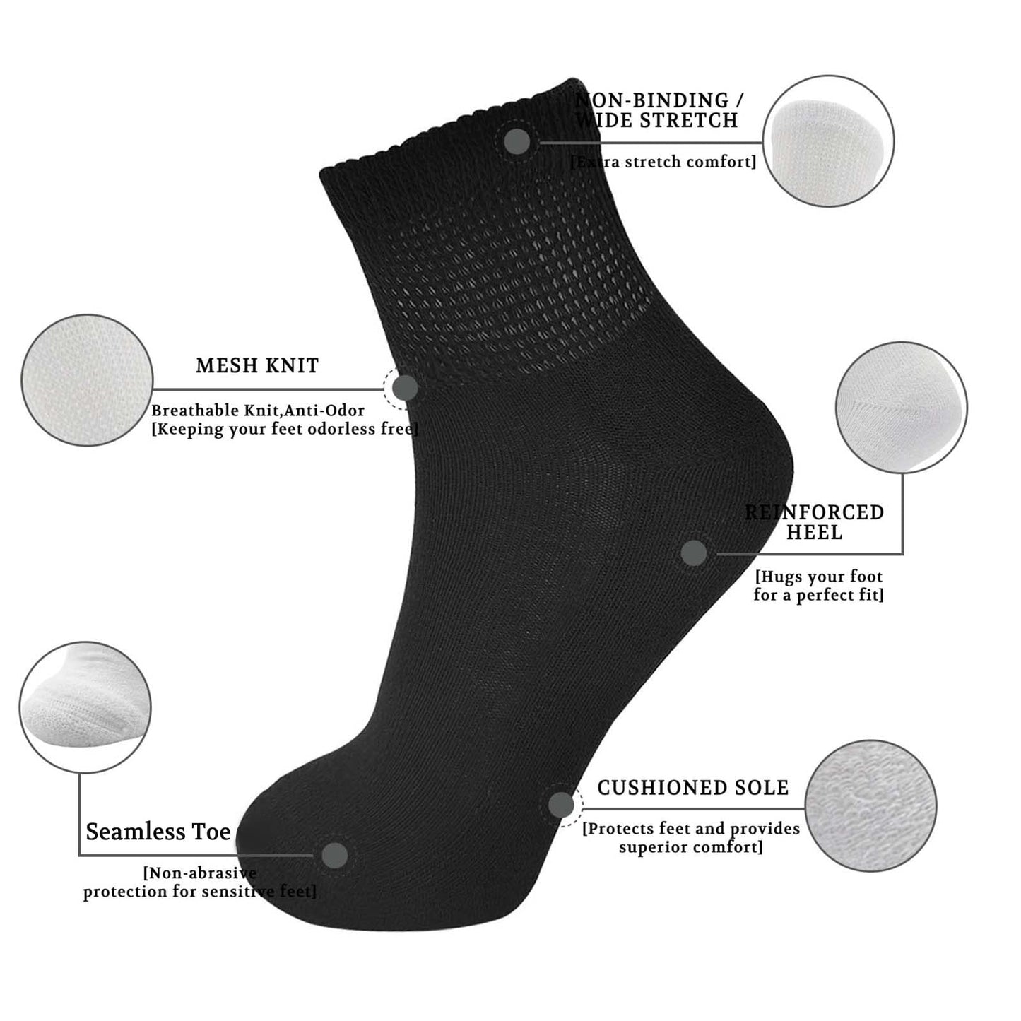 Lin Performance Ankle Diabetic Socks For Women And Men Non-Binding Top Cushion Sole Moisture Wicking, 4 Pairs (Xl, Asst)