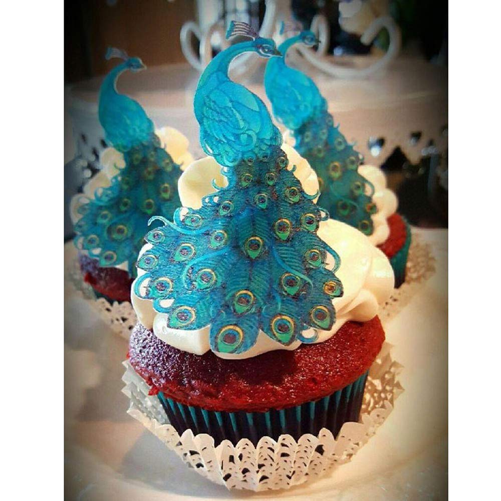 Chockacake Edible Wafer Teal Blue Peacock Paper Collection ,Cake/Cupcake Toppers Decoration,Set Of 20/60/300 (20Pcs)