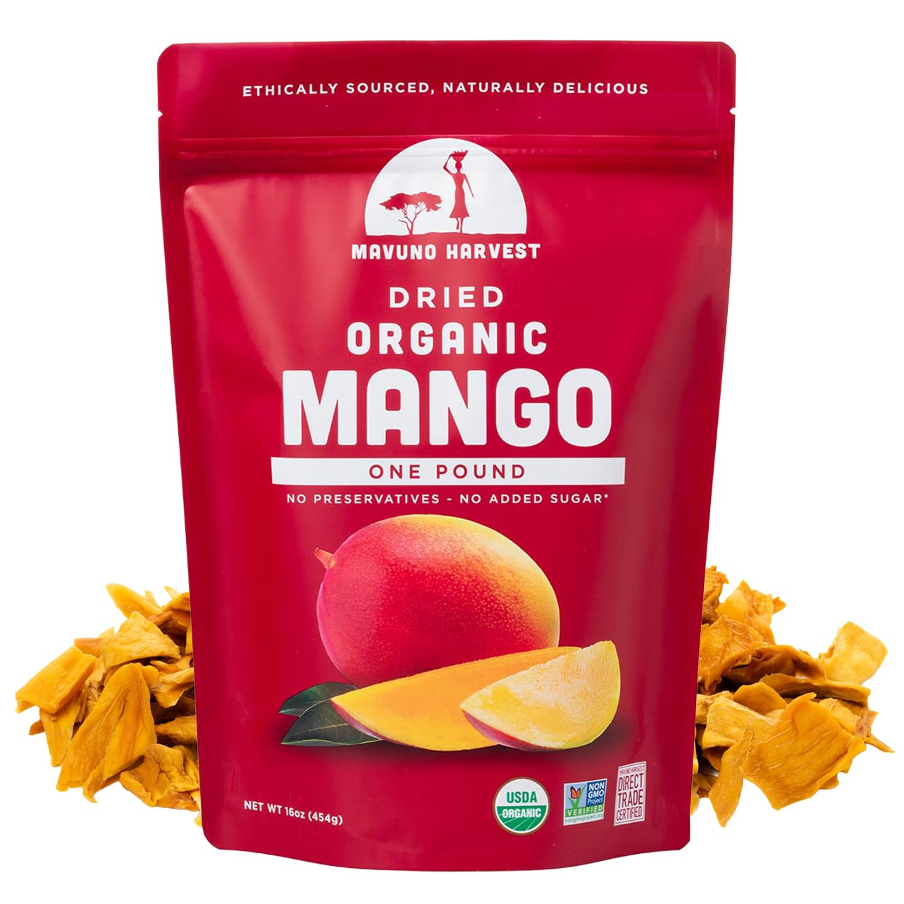 Mavuno Harvest Mango Dried Fruit Snacks | Unsweetened Organic Dried Mango Slices | Gluten Free Healthy Snacks for Kids and mature-themeds | Vegan, Non GMO, Direct Trade | 1 Pound Resealable Bag