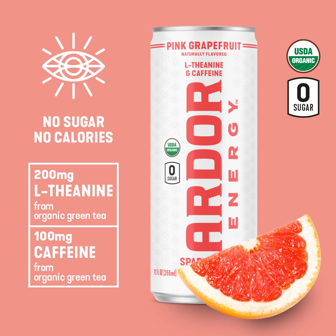 ARDOR Sparkling Water Pink G fruit, 100mg Organic Caffeine, 200mg L-Theanine, 12 Fl Oz, Pack of 12, Vegan, Gluten Free