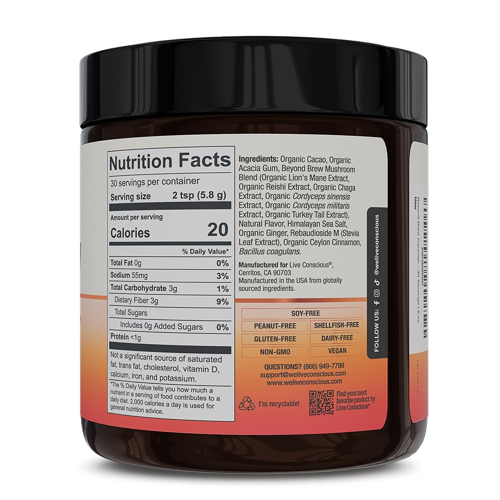 Live Conscious Beyond Brew Caramel Macchiato Coffee Alternative - Low Caffeine Superfood with Mushroom Complex - 30 Servings