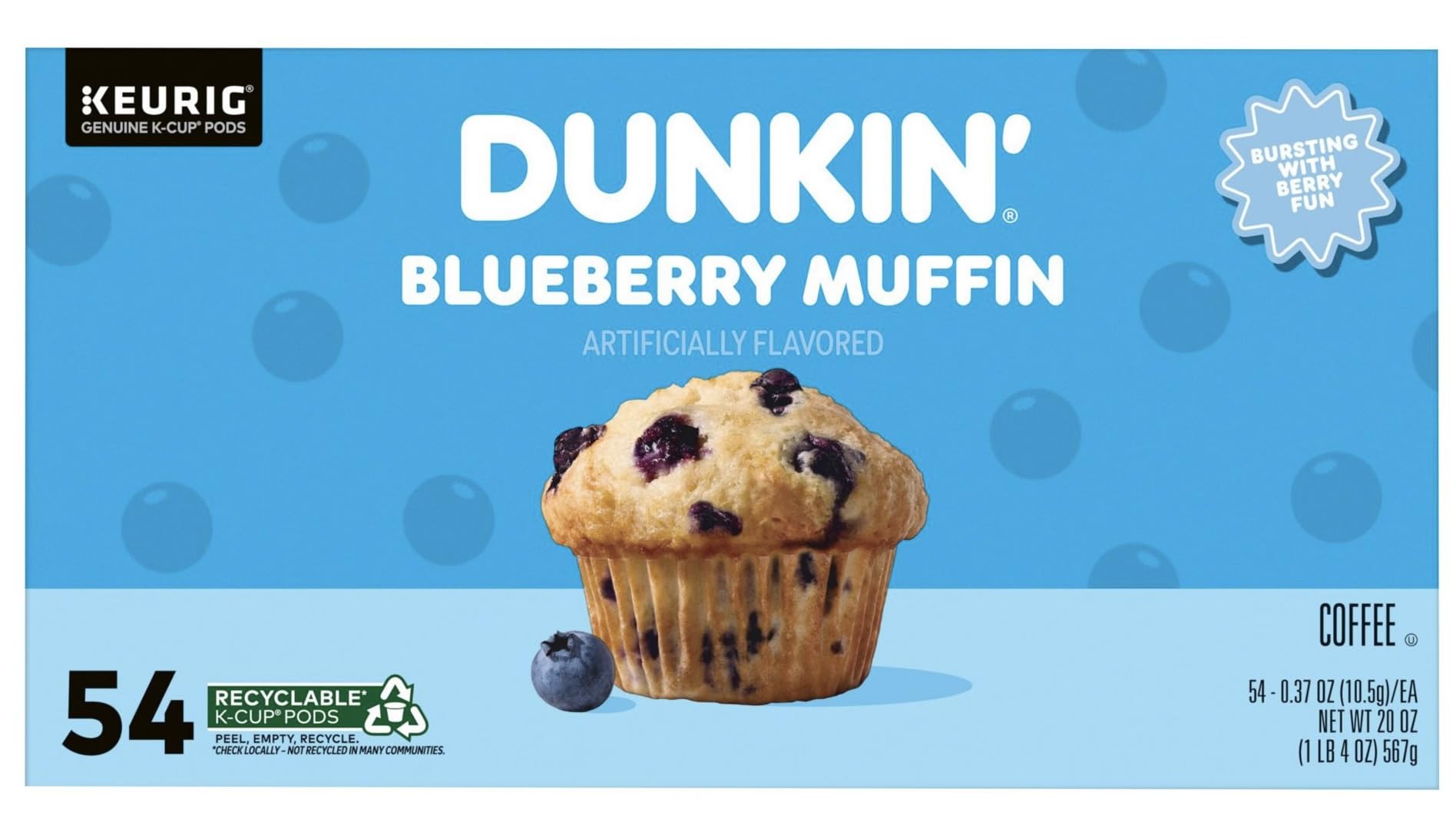 Dunkin Blueberry Muffin Coffee K-Cup Pods, Medium Roast, 54 Count, 20 Ounce Pack