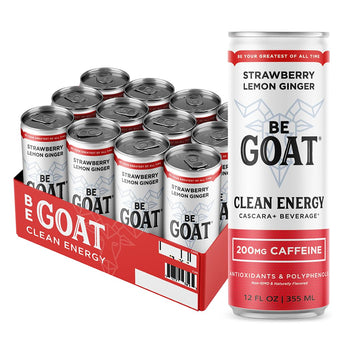 BeGOAT Strawberry Lemon Ginger Energy Drink | 200mg Caffeine | 12 Fl OZ | Vegan, Gluten-Free, Non-GMO, 35 Calories, 12 Pack