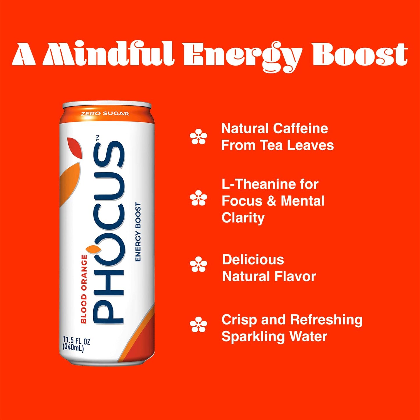 CLEAR CUT PHOCUS Caffeinated Sparkling Water, Blood Orange, 75mg Caffeine, Zero Sugar, 11.5 fl oz Cans, Pack of 12