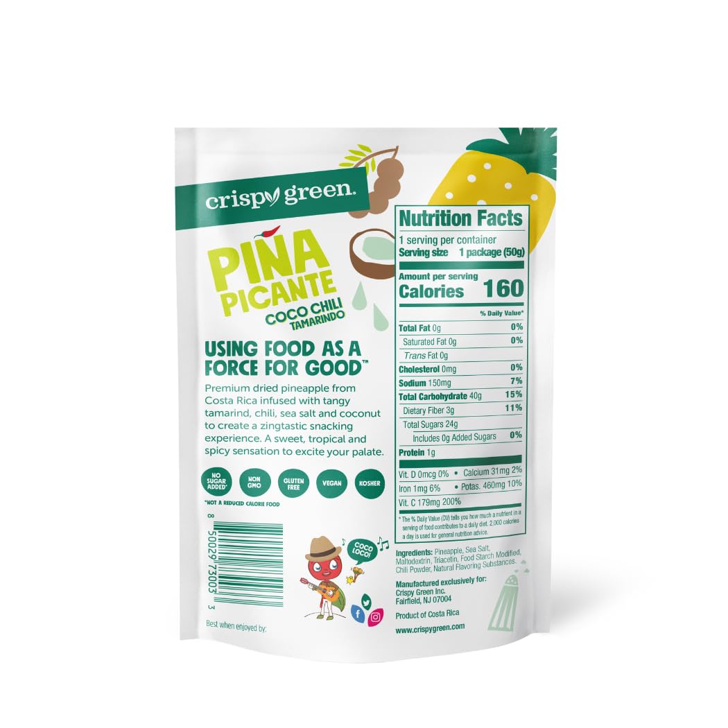 Crispy Green Pia Picante, Coco Chili Tamarindo Dried Pineapple, Healthy Real Fruit Snacks, 1.76 Ounce, 12 Single Serve Bags