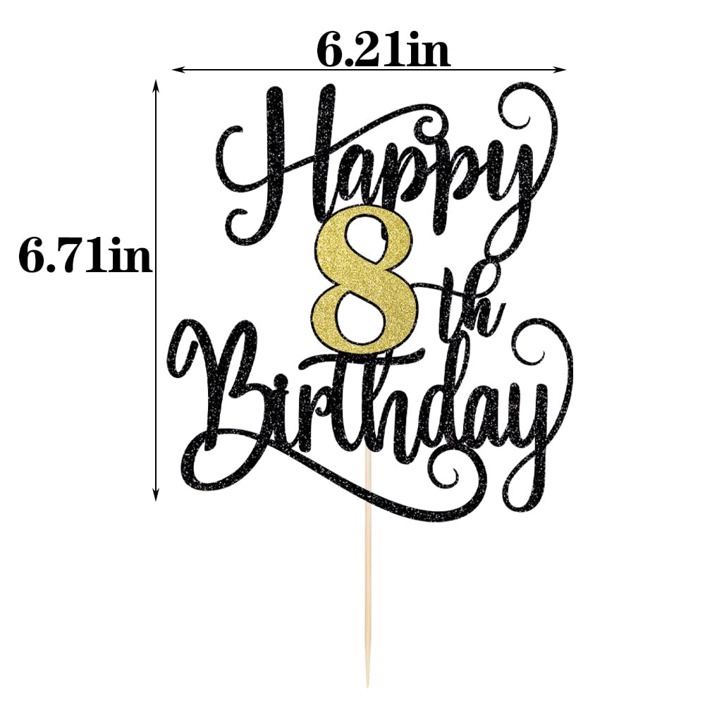 Happy 8Th Birthday Cake Topper, 8 Birthday Party Cake Decorations (Black And Gold Flashes, 8Th)