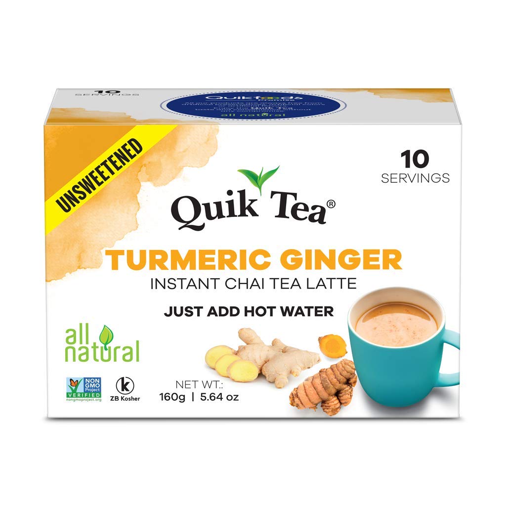 QuikTea Unsweetened Turmeric Ginger Chai Tea Latte - 10 Count Single Box - All Natural Preservative Free Authentic Instant Chai 
