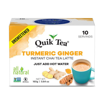 Quiktea Unsweetened Turmeric Ginger Chai Tea Latte - 10 Count Single Box - All Natural Preservative Free Authentic Instant Chai