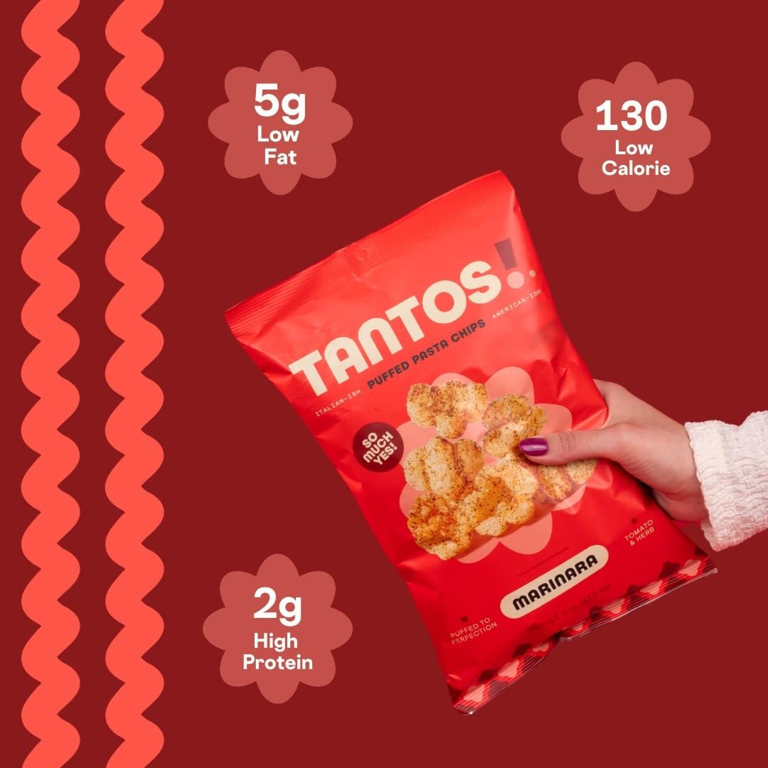 Tantos! Puffed Pasta Chips - Healthy Pasta Snack by Top Chef Joe Sasto - Plant-Based  Low Calorie  Crunchy Chips - Variety Pack - Marinara  Pesto  Cacio e Pepe  Classico - Gourmet Bold Flavors - (4oz-4 Pack (1 of Each Flavor)  Variety)