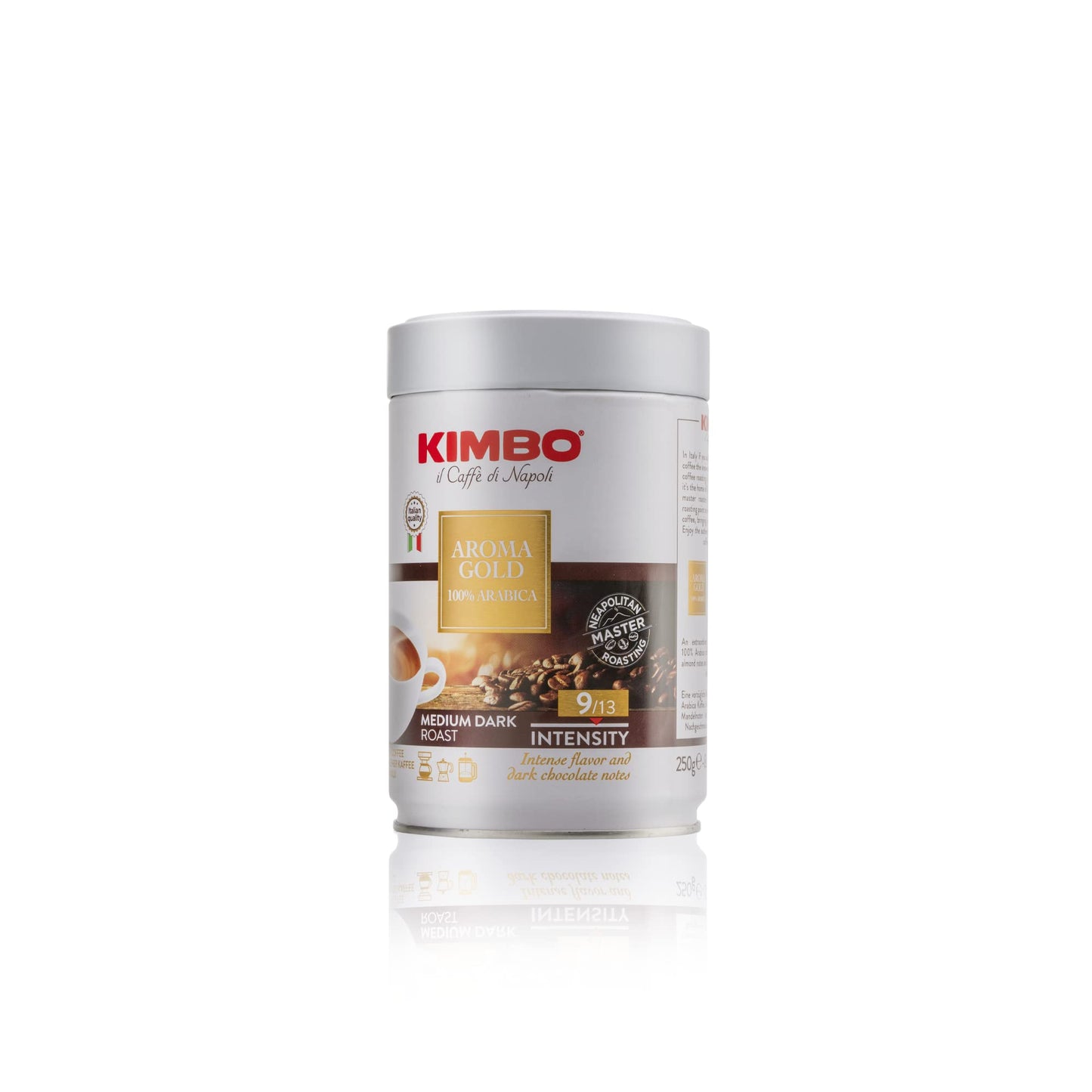KIMBO Aroma Gold Ground Coffee, 100% Arabica, Medium Dark Roast, 8.8 oz Can, Intense Flavor, Dark Chocolate Notes