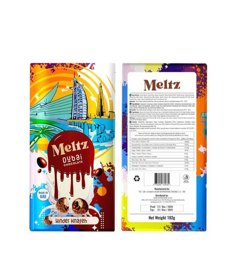 Meltz Pistachio Chocolate Bar 192g - Filled with Creamy Kataifi - Luxury Milk Chocolate, Individually Wrapped, Brown