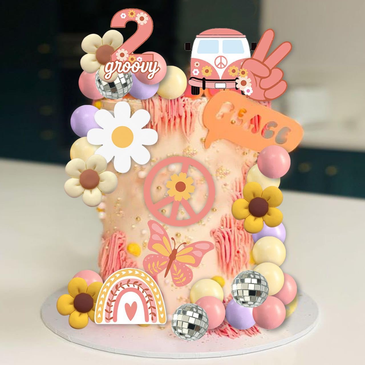 Ufromsky 57Pcs Groovy Cake Topper Boho Rainbow Cupcake Toppers Hippie Cake Decoration With Disco Balls And Daisy Flower Bus For