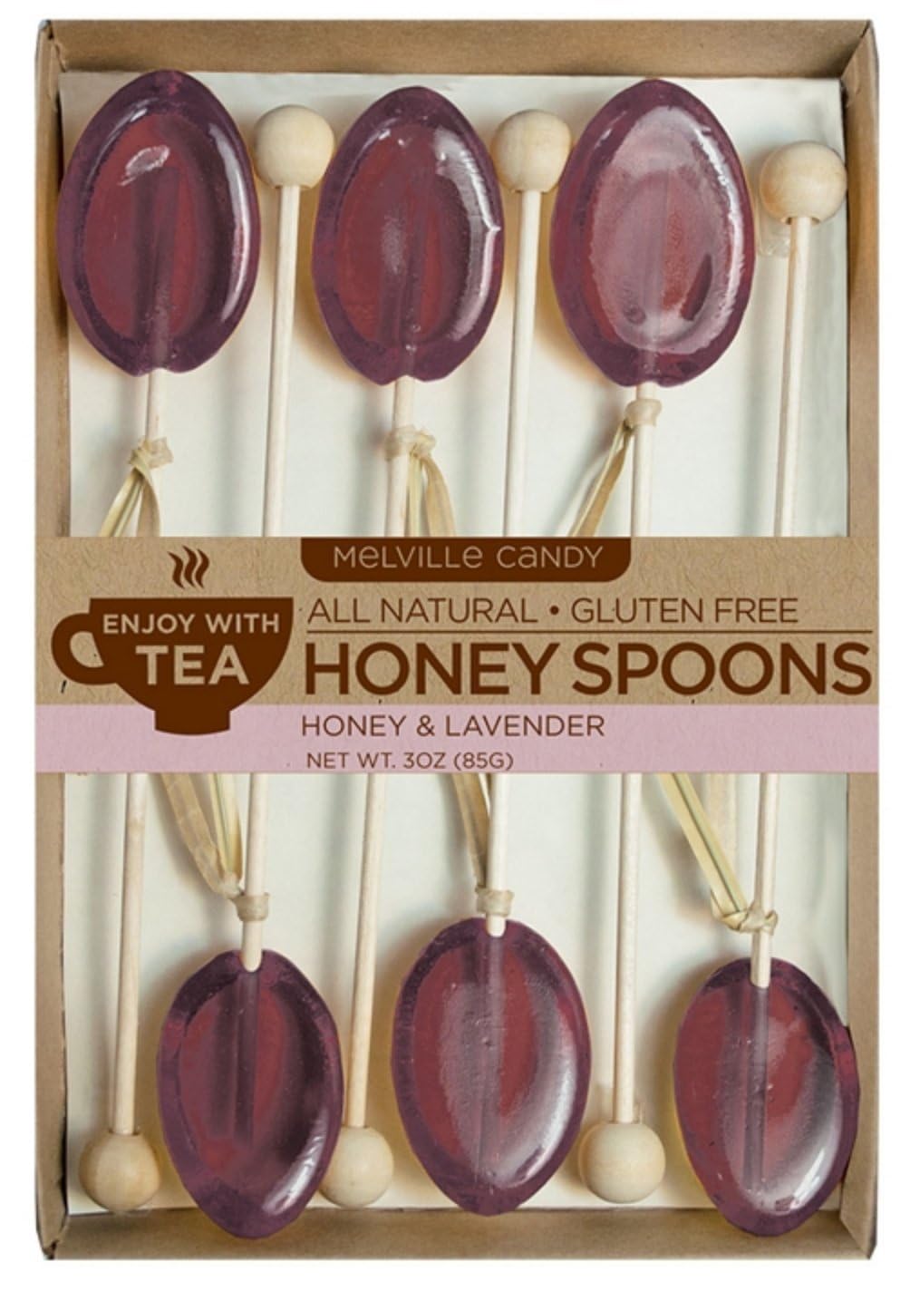 Melville Candy All Natural Honey Spoon Gift Set – Spoons & Lollipops on Wooden Ball Sticks – Gluten-Free, Made in USA Stirrers for Tea, Coffee, & Hot Beverages - Individually Wrapped (6-count, Lavender)