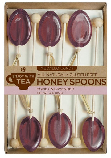 Melville Candy All Natural Honey Spoon Gift Set – Spoons & Lollipops on Wooden Ball Sticks – Gluten-Free, Made in USA Stirrers for Tea, Coffee, & Hot Beverages - Individually Wrapped (6-count, Lavender)