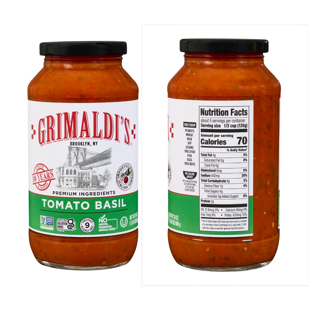 Grimaldis Variety Pasta Sauce 3-Pack | Non-GMO, Gluten-Free, Kosher, Nut-Free | No Preservatives | 3 x 24oz Jars (Tomato Basil)