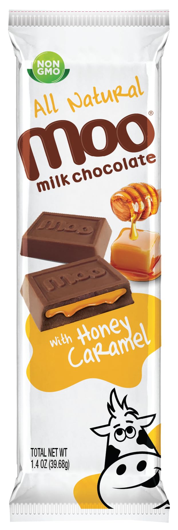 MOO CHOCOLATES Milk Chocolate Bars with Honey Caramel, 14 ct, 1.4 oz - 70 Calorie Snacks for On-the-Go and Lunchboxes