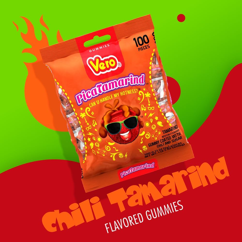 Vero Picatamarind - Tamarind Flavor Chewy Gummy Treats Coated With Chili Powder & Sugar 100 Pieces (5.15 Oz) - Mexican Candy - Individually Wrapped Gummies For Halloween, Piñatas, And More