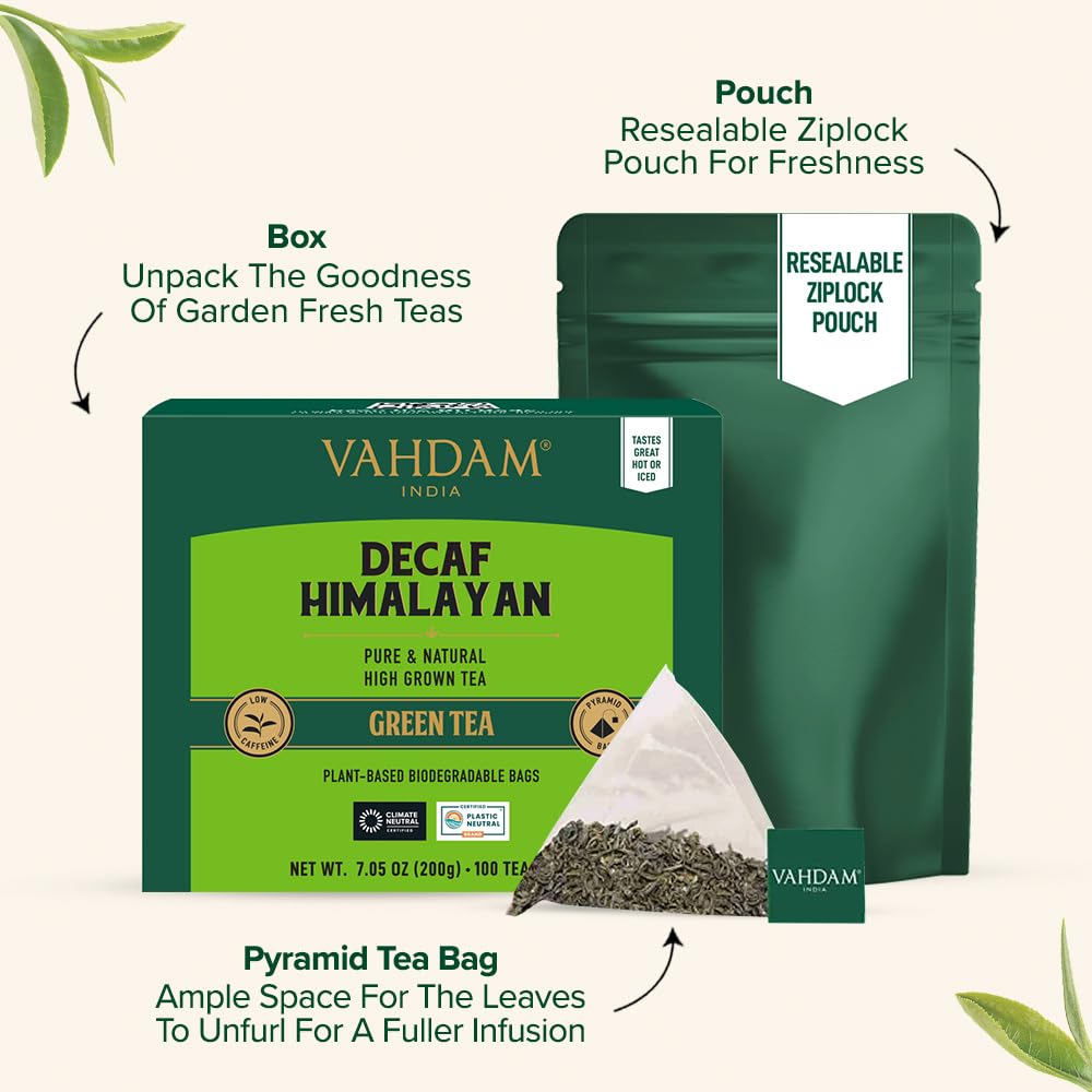 VAHDAM Decaf Himalayan Green Tea Bags - Caffeine Free, Non-GMO, Gluten Free, 100 Count, Resealable Ziplock Pouch