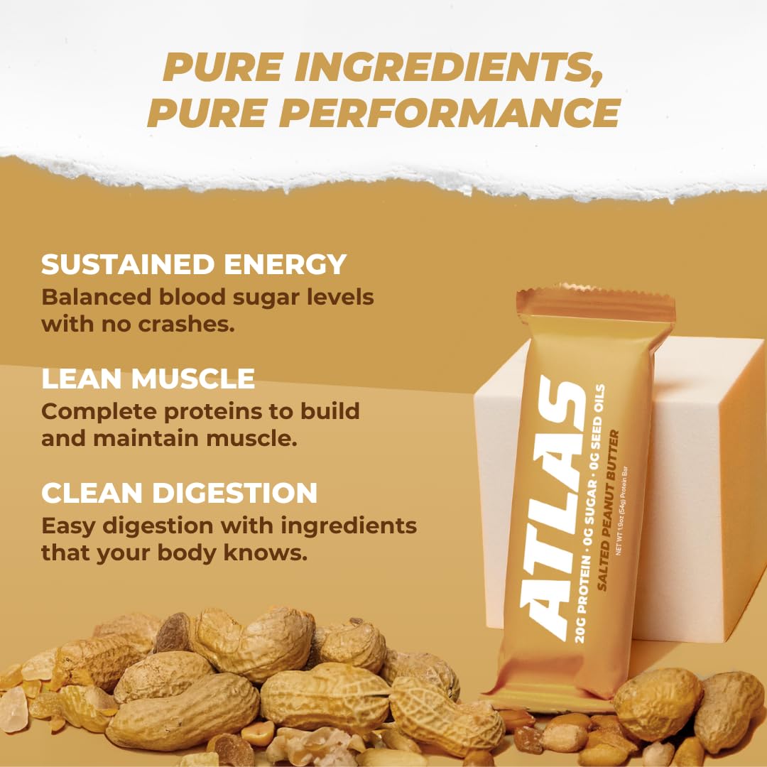 Atlas Bar - 20g Protein  1g Sugar  0g Seed Oils  0g Artificial Sweeteners (12 Count  Salted Peanut Butter)