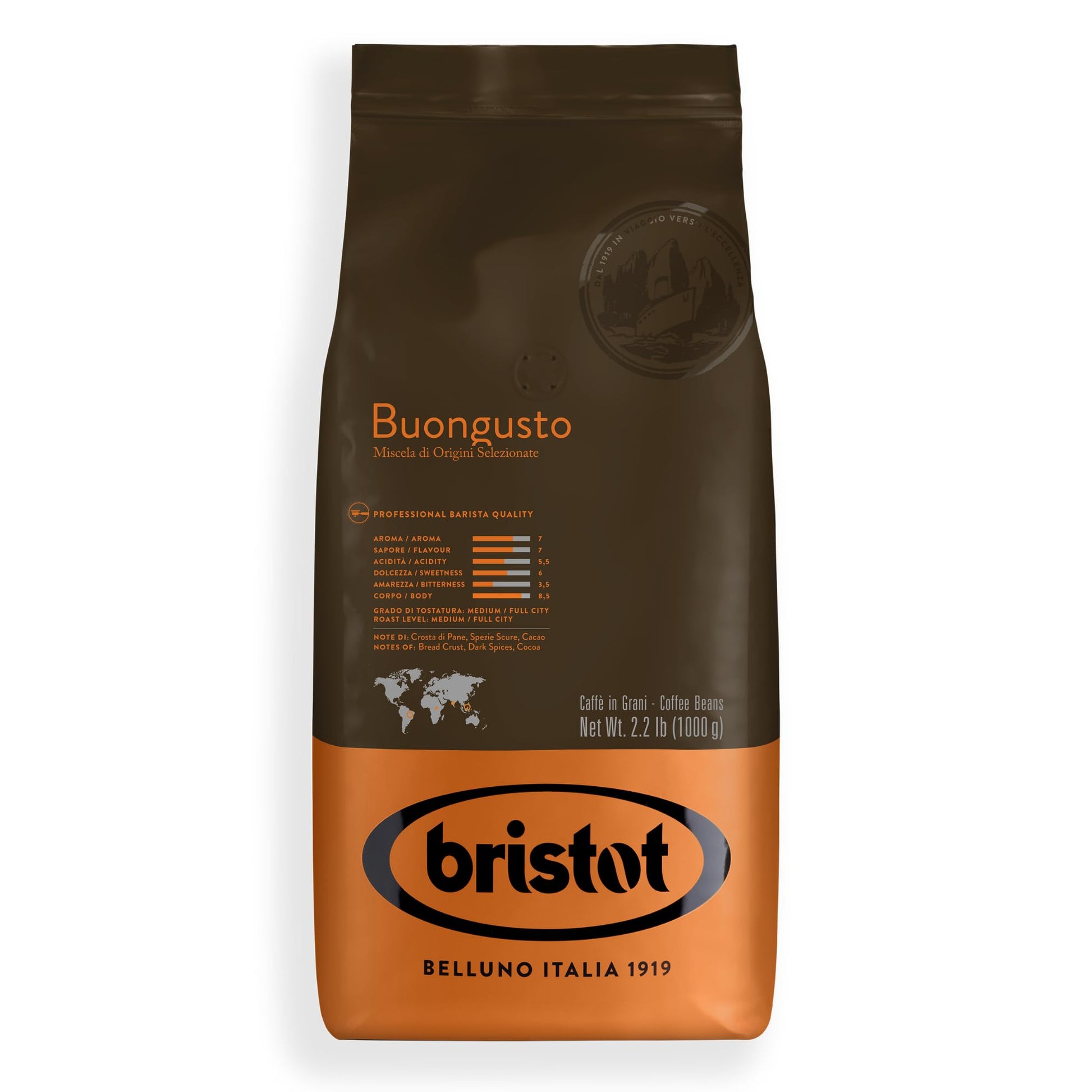 Bristot Buongusto Italian Espresso Coffee Beans, Medium Roast, 2.2 lb Bag