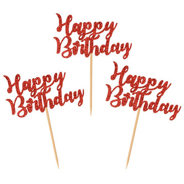 Donoter 24 Pcs Glitter Red Happy Birthday Cupcake Toppers Cake Picks For Birthday Party Decoration Supplies