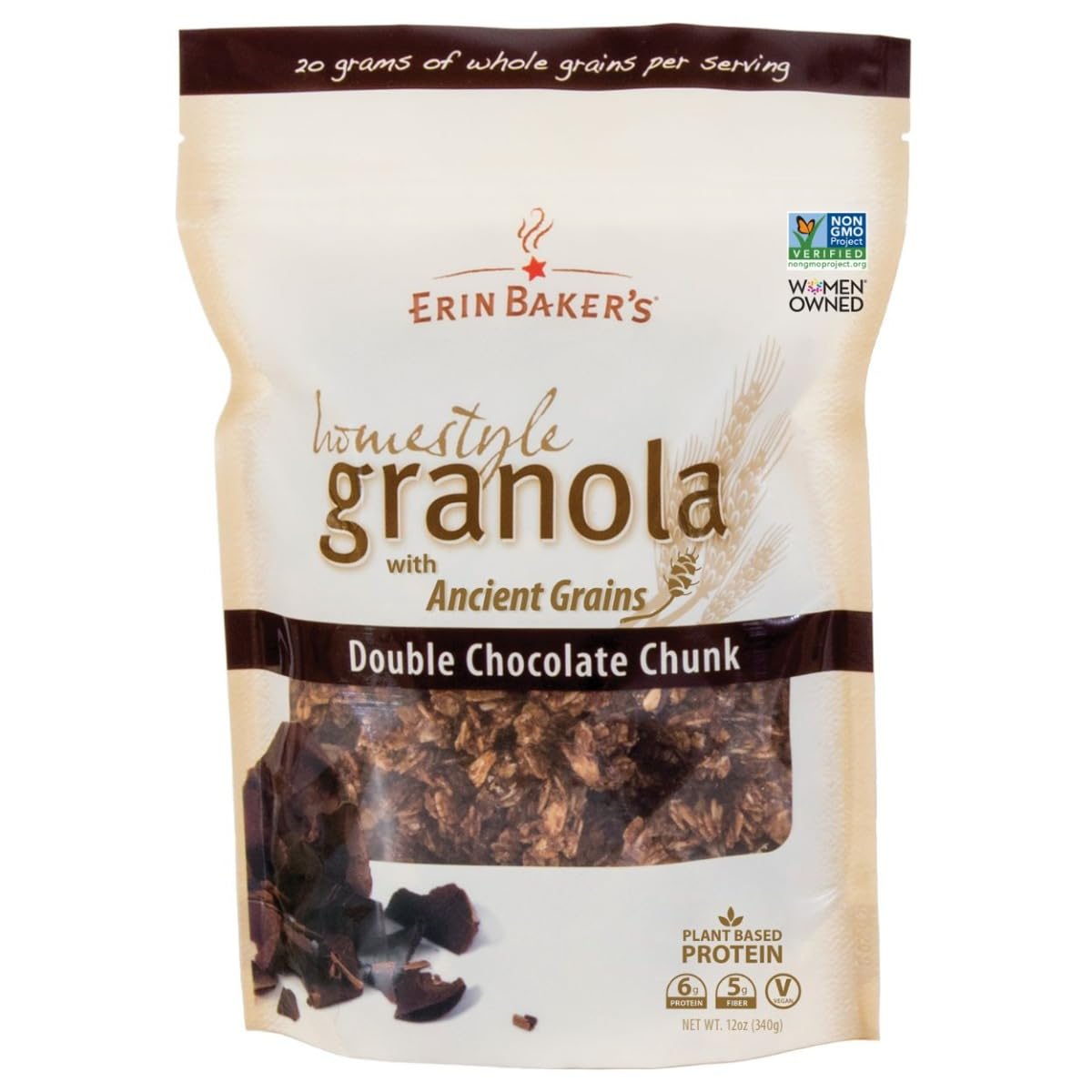 Erin Bakers Homestyle Granola Cereal With Ancient Grains, Double Chocolate - Made From Natural Ingredients, Source Of Plant-Based Protein - Vegan Friendly, Non-Gmo, 12Oz Bags, 6-Pack