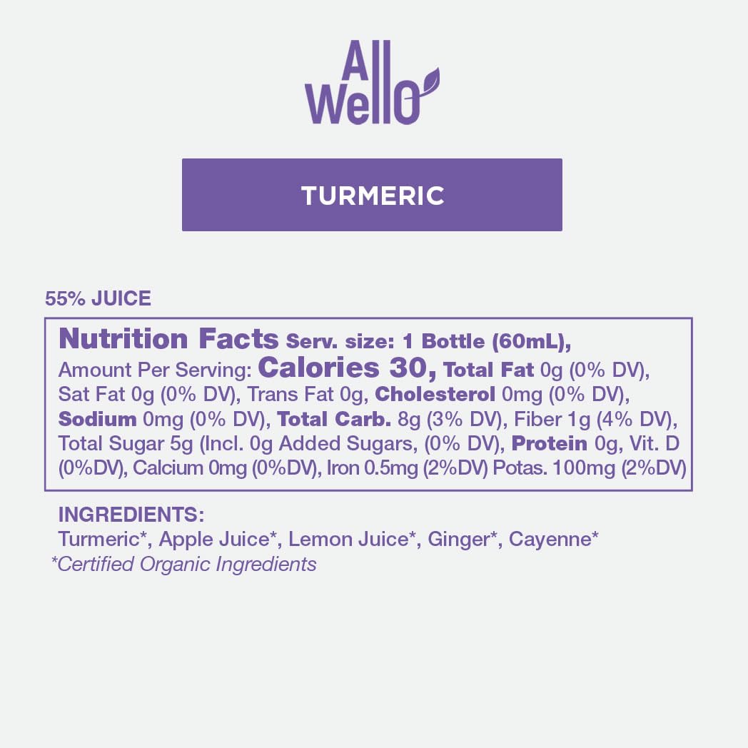 ALLWELLO Organic Turmeric Shot - Certified Organic, Non-GMO, 2 Fl Oz Each (6 Pack, 12 Fl Oz Total)