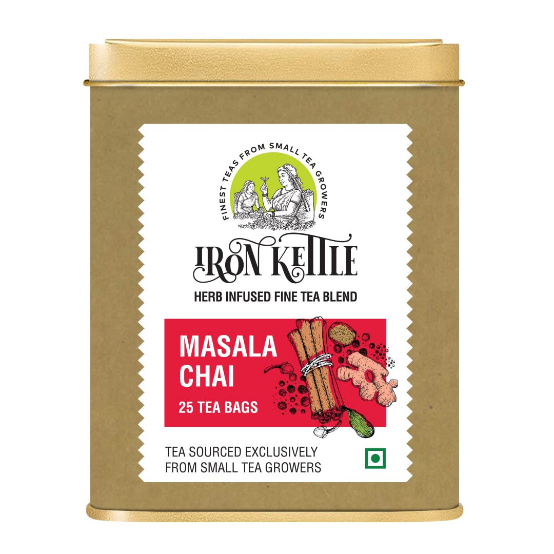 Iron Kettle Masala Chai | Enhanced Assam Ctc Tea Bag Blended With Natural Spices For Strong & Spicy Sweet Flavor | Sourced Limited Availabilityly From Small Tea Growers With Higher Fine Leaf Count | 25 Tea Bags