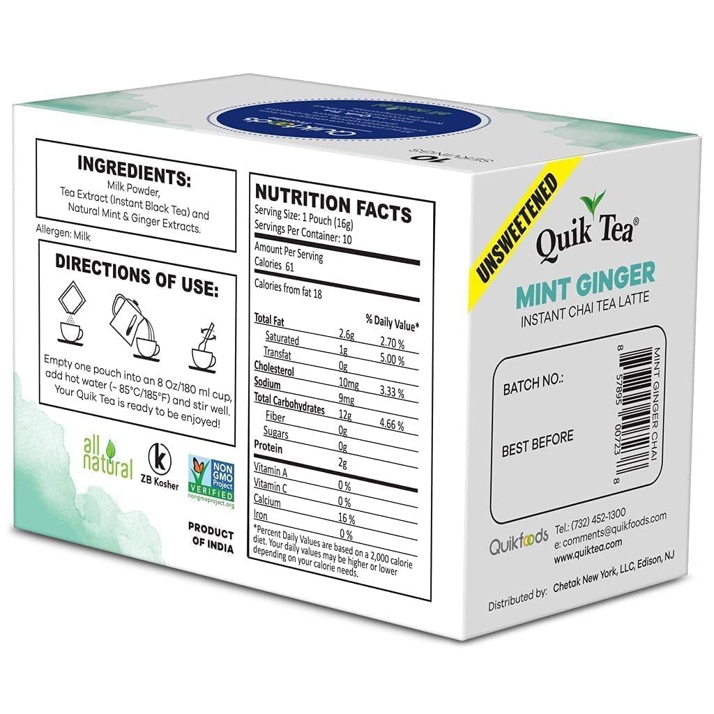 QuikTea Mint (Pudina) Ginger Chai Tea Latte - 10 Count Single Box - All Natural & Preservative Free Authentic Instant Chai Tea -