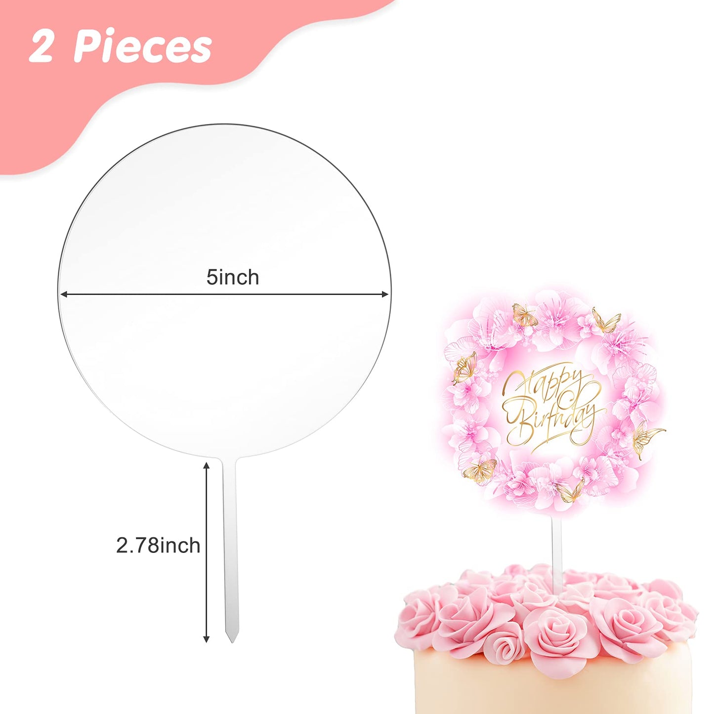 Jetec 2 Pieces 5 Inch Acrylic Cake Topper Blank Round Clear Cake Topper Blanks Diy Birthday Cake Topper For Personalized Custom