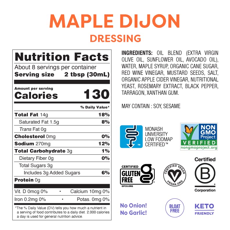 Fody Foods Vegan Maple Dijon Salad Dressing Pack Low Fodmap Certified, Sensitive Recipe, Keto, Gut & IBS Friendly, Non GMO, 8 Ou