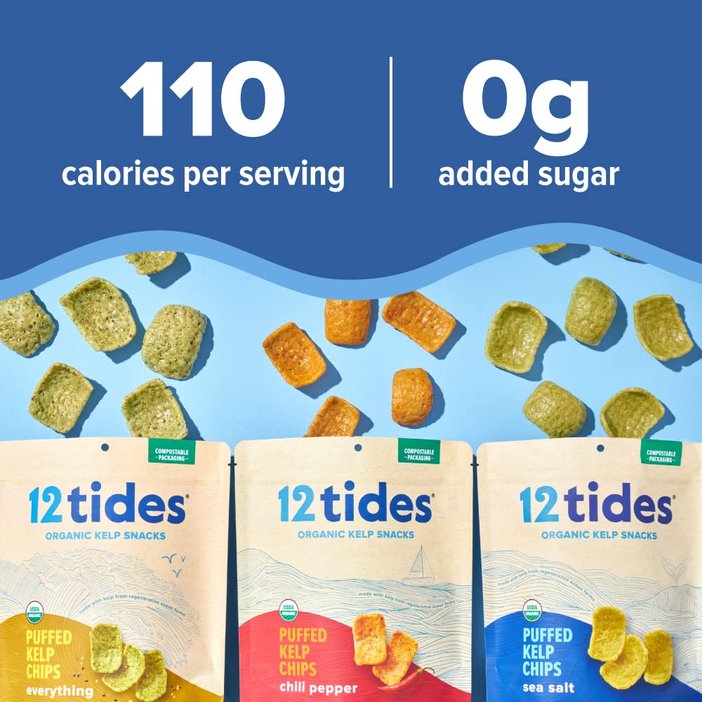 12 Tides Organic Puffed Kelp Chips - Plant Based, Non-Gmo, Gluten Free, No Added Sugar, Ocean-Friendly Snacks (Chili Pepper)