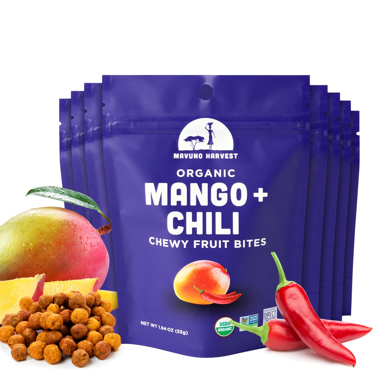 Mavuno Harvest Organic Fruit Snacks - Chewy Fruit Bites - Mango & Chili - 1.94 oz - Pack of 8 - Non-GMO, No Preservatives