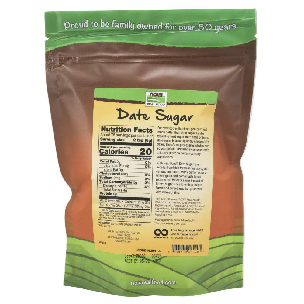 Now Foods, Date Sugar, Pleasant Sweetener In Baked Goods, Raw And Unprocessed, Certified Non-Gmo, 1-Pound (Packaging May Vary)