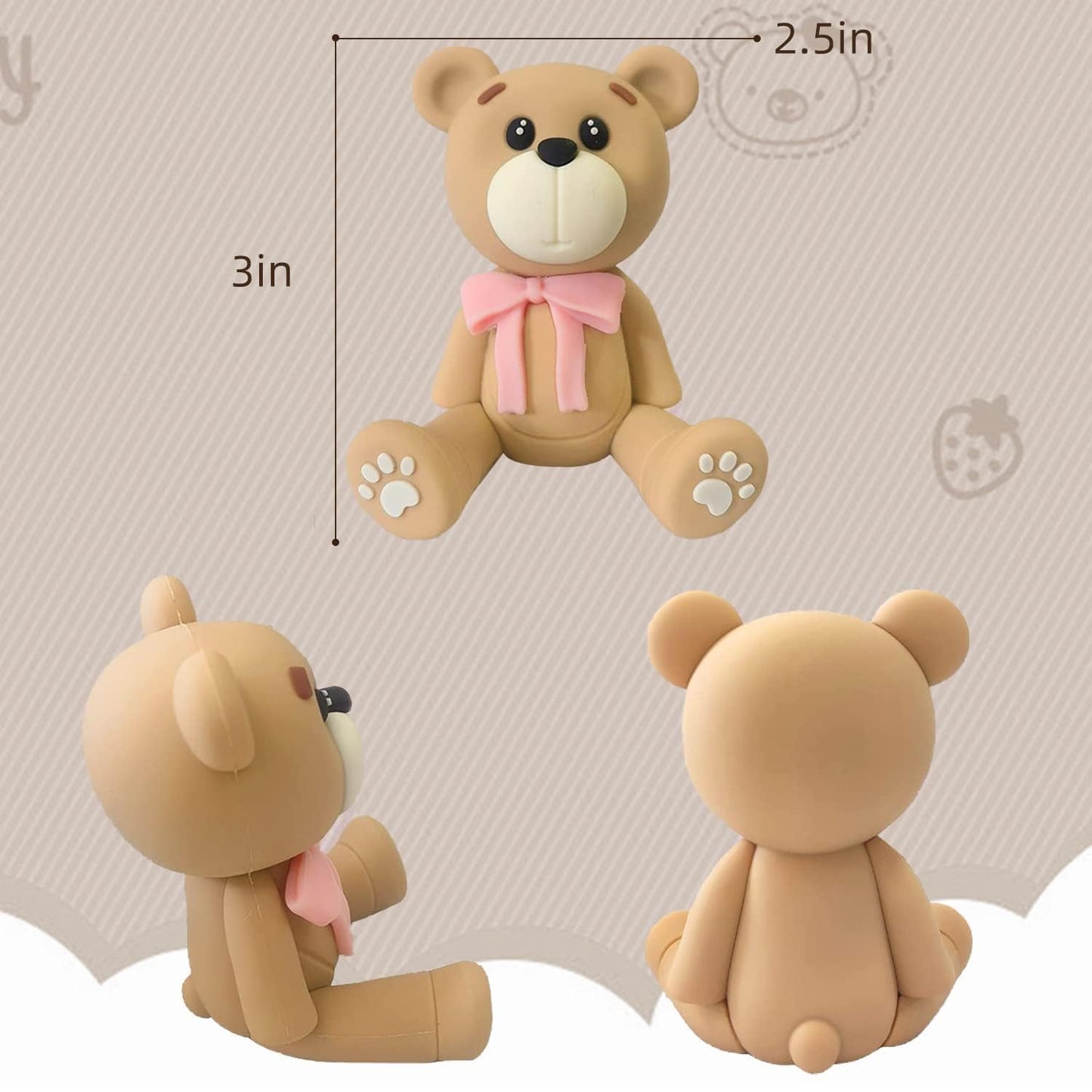 3D Bear Cake Toppers Bear Cake Decorations For Boy Girl Baby Shower Birthday Party Supplies (Pink)