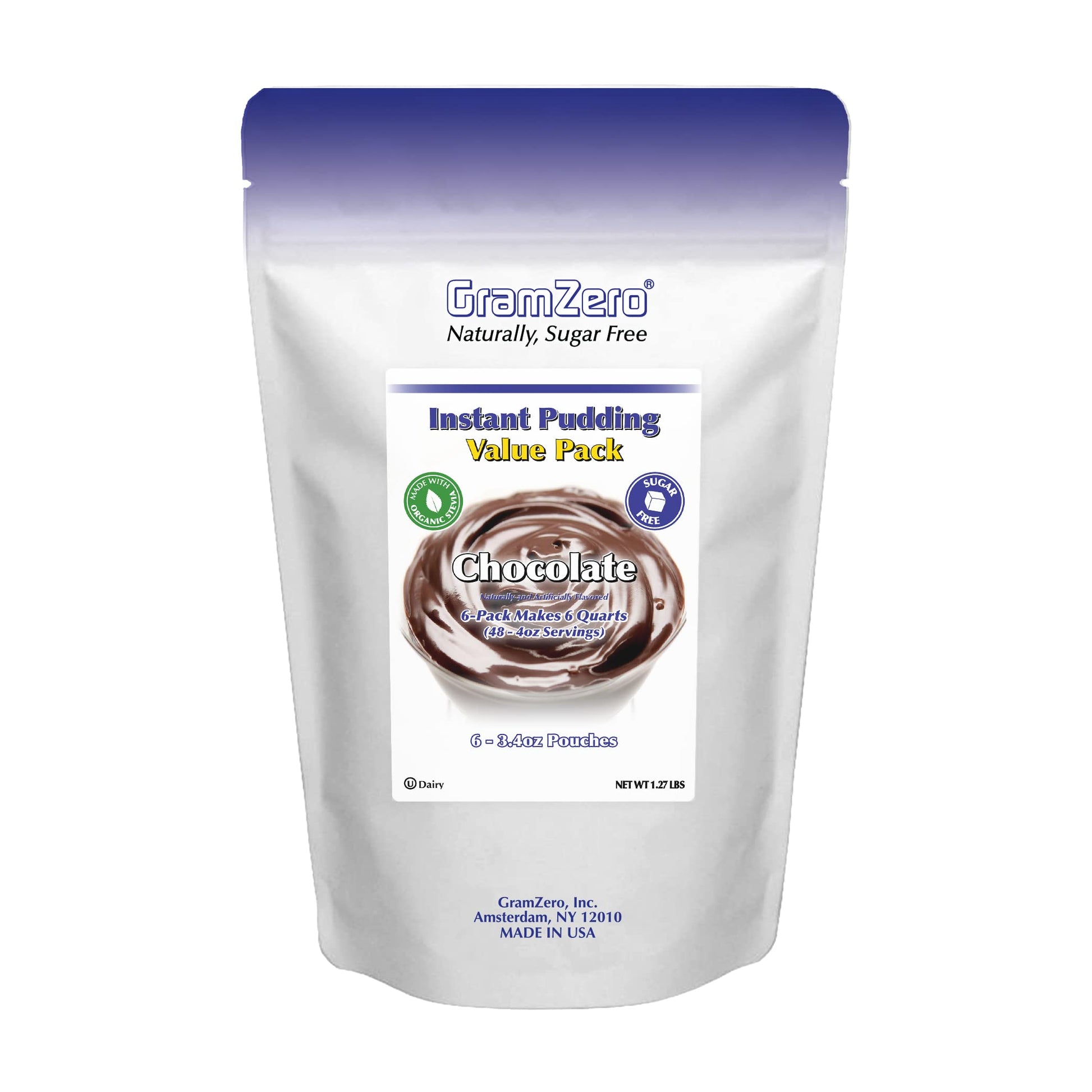 Gramzero Chocolate Sugar Free Pudding Mix 6-Pack, Great For Nutrition Club Meal Replacement Shakes, Low Calorie Dessert, Stevia 