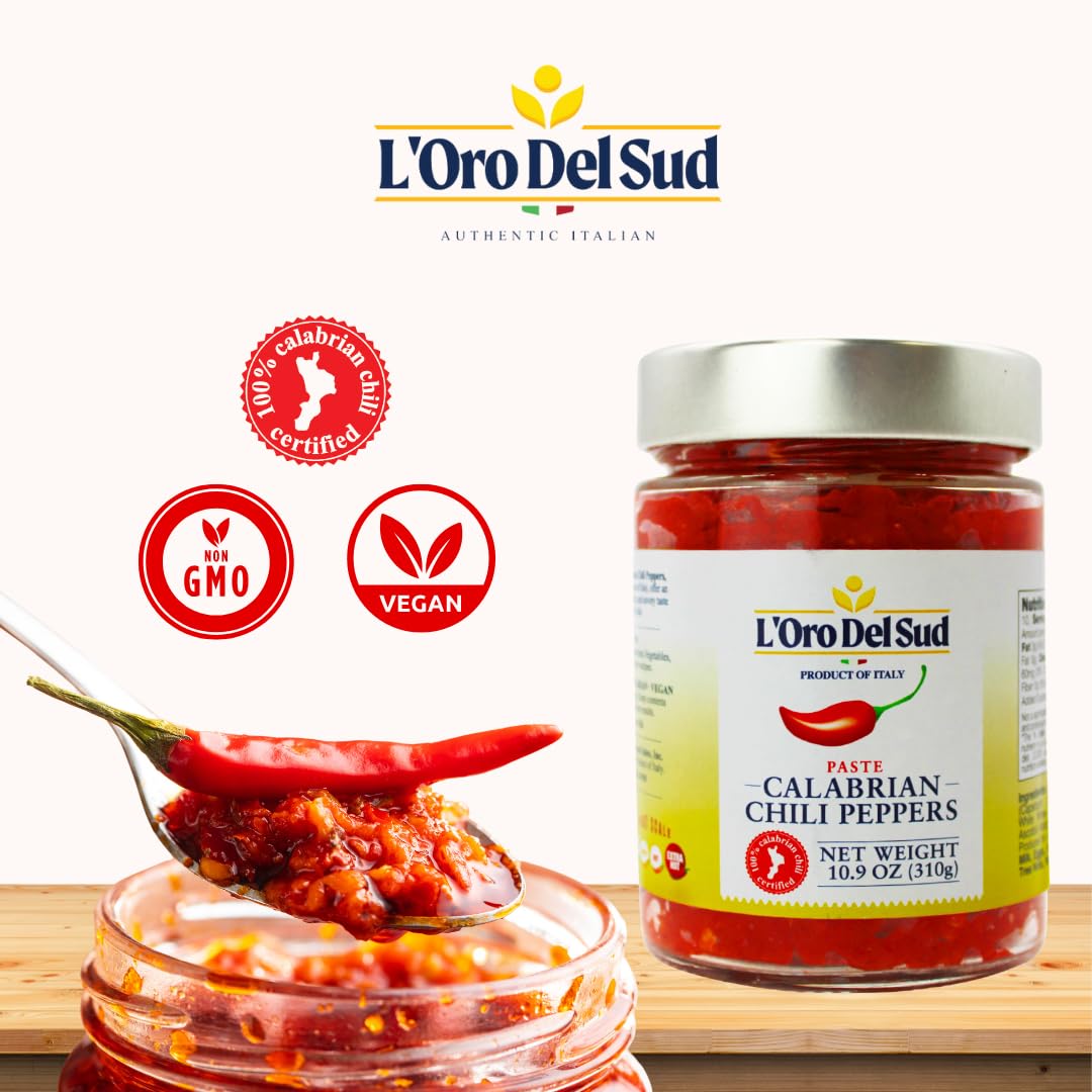 L Oro Del Sud Calabrian Chili Pepper Paste, Mild Spice, No Seeds, Certified, Peppers are Grown in Calabria, Calabiran Chili Pat